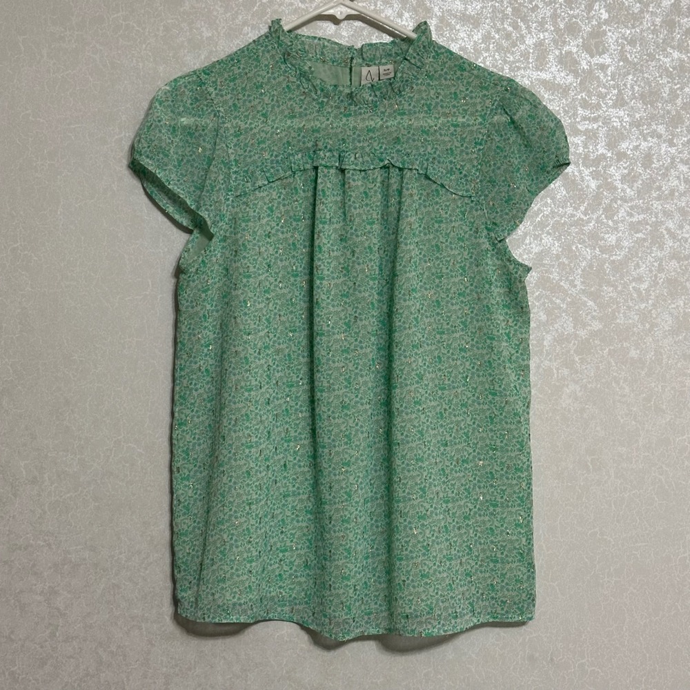 Joie Ruffle Neck Floral Metallic Lurex Blouse Flutter Sleeve Lightweight Green S